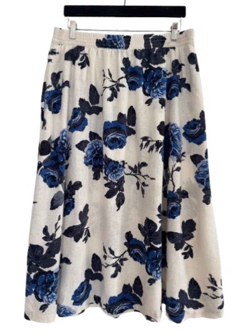 Paul Costelloe with Linen White Blue Rose Floral Midi Skirt Pull On Stretch